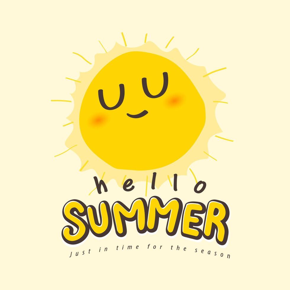 Cute cartoon sun with smiling face in warm yellow tones. Ideal for summer-themed logos, headers, banners or promotional graphics for kids, events, or playful seasonal content. vector