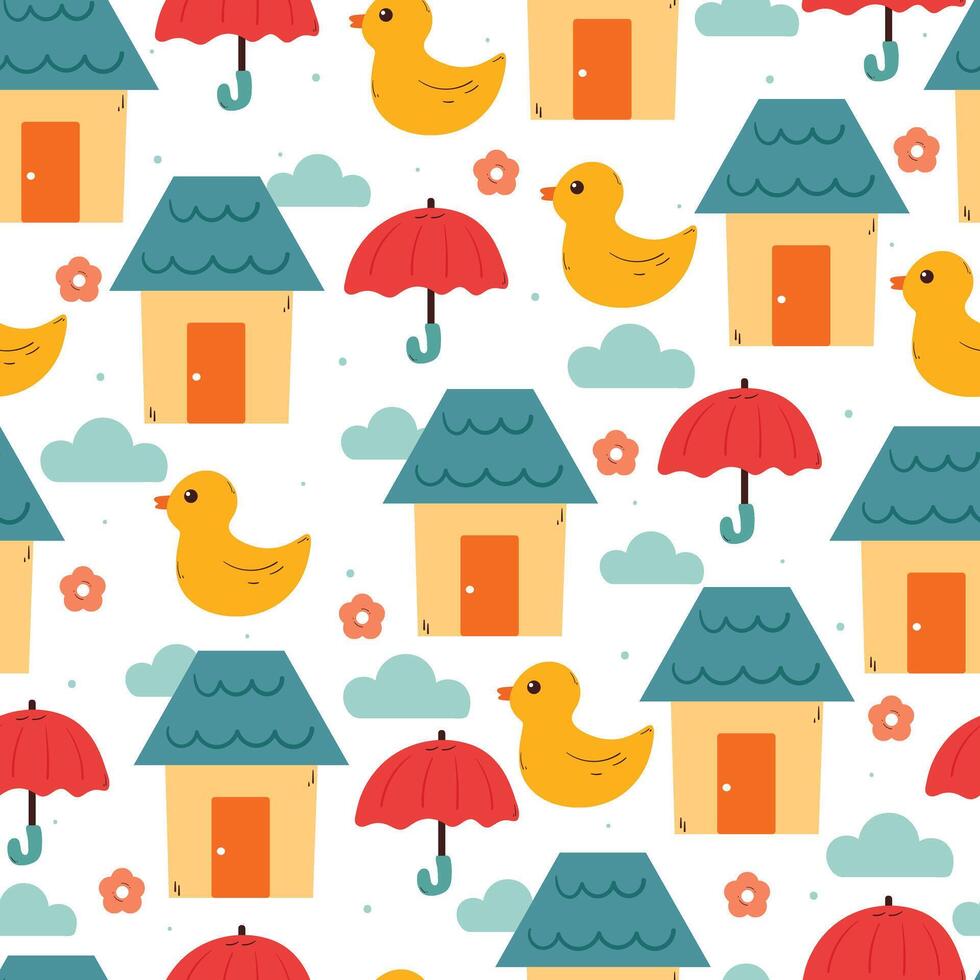 Pattern of houses and umbrellas with ducks vector