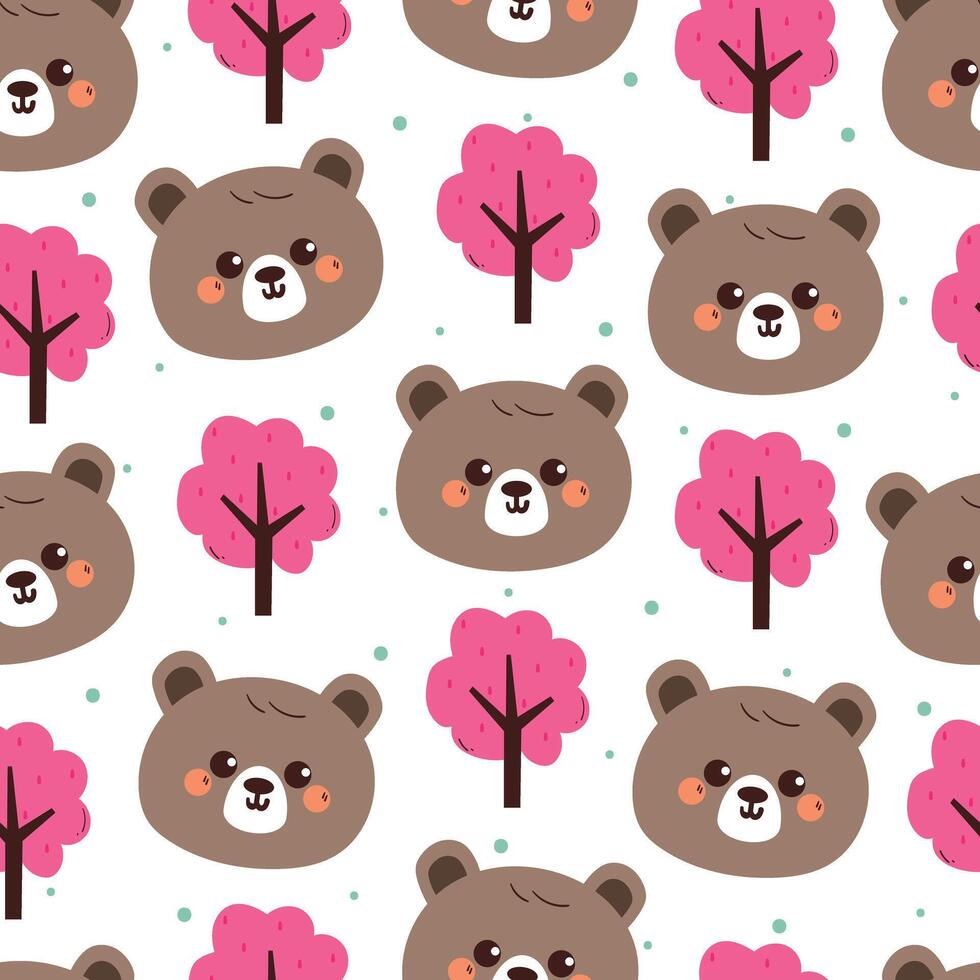 Cute bear and pink tree pattern vector