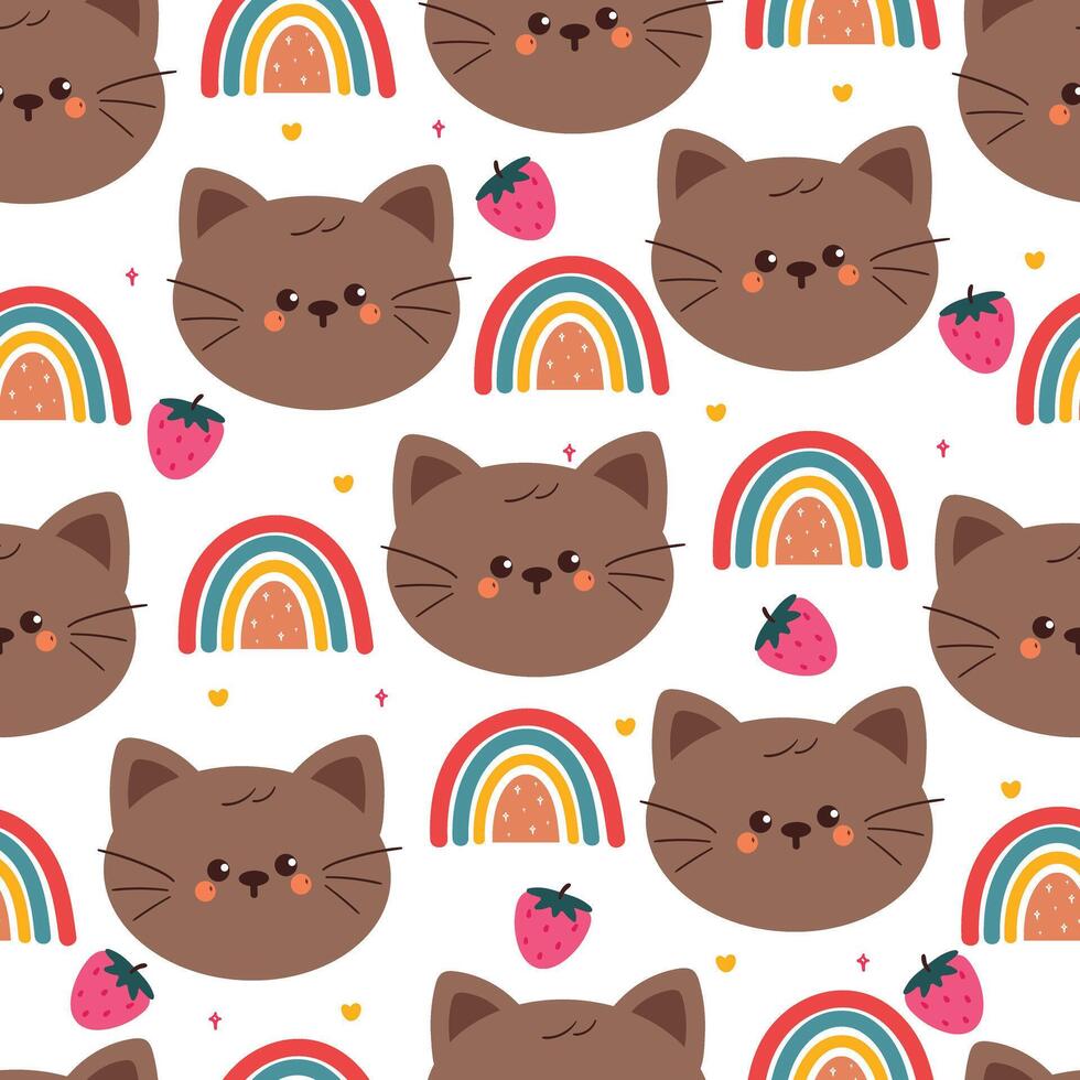 Cute cat faces with rainbows and strawberries vector