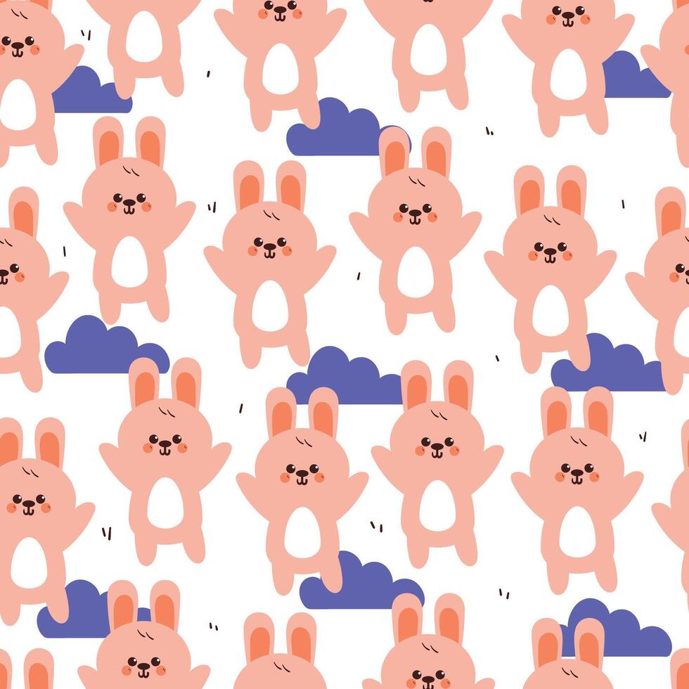 cute hand drawing cartoon bunny with blue clouds seamless pattern. cute animal pattern in white background for gift wrap paper and wallpaper vector