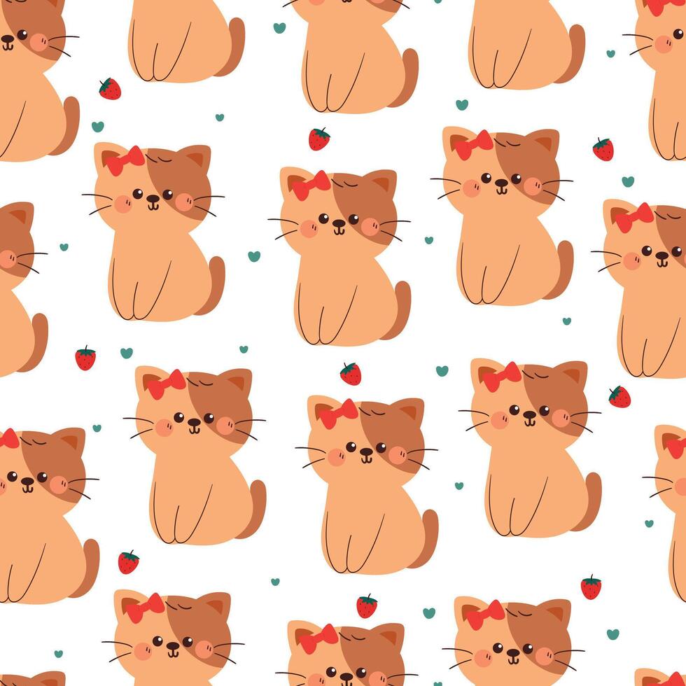 cute hand drawing cartoon cat wearing red bow pin and strawberry seamless pattern. cute animal pattern in white background for gift wrap paper and wallpaper vector