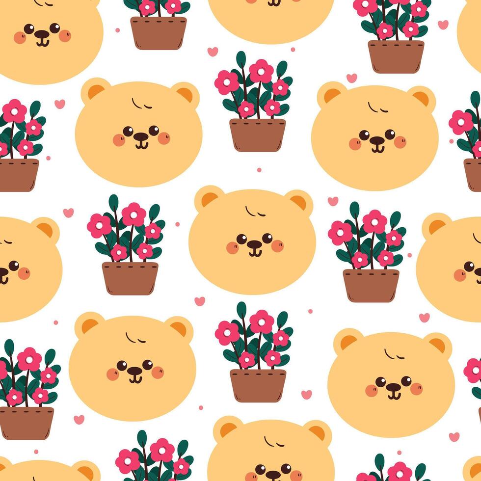 cute hand drawing cartoon bear with flower pot seamless pattern. cute animal pattern in white background for gift wrap paper and wallpaper vector