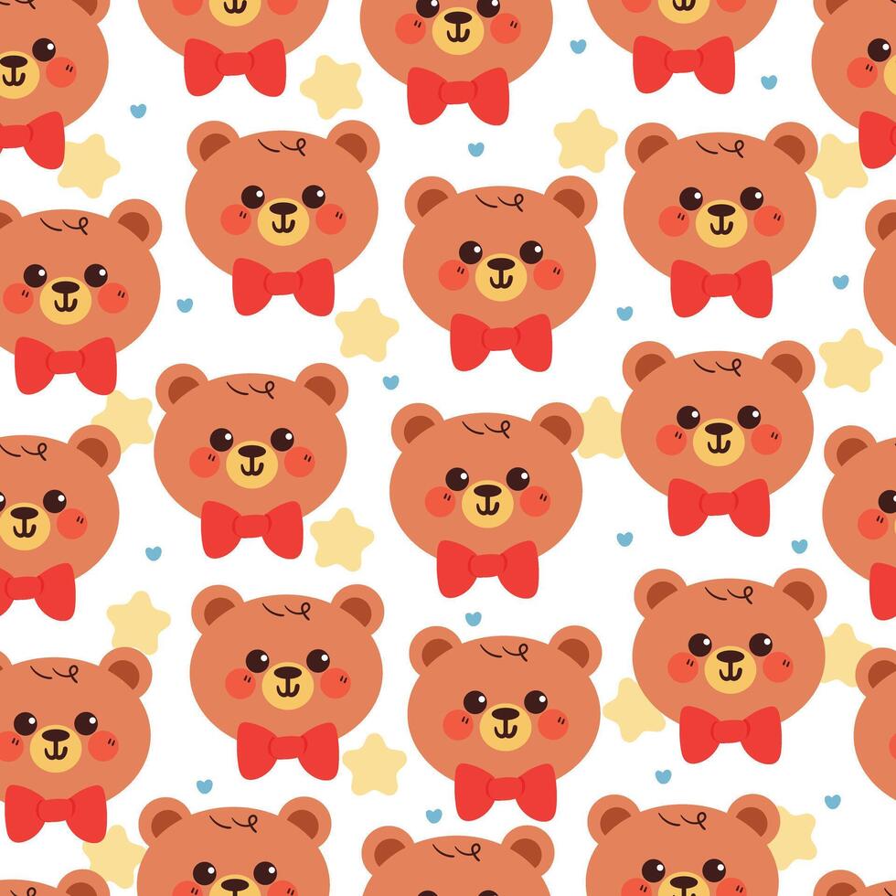 cute hand drawing cartoon bear wearing bow tie with flowers seamless pattern. cute animal pattern in white background for gift wrap paper and wallpaper vector
