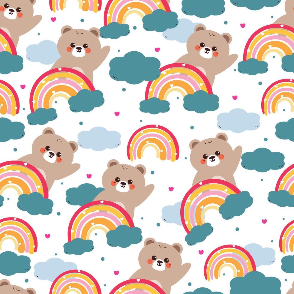 cute hand drawing cartoon bear with rainbow and clouds seamless pattern. cute animal pattern in white background for gift wrap paper and wallpaper vector