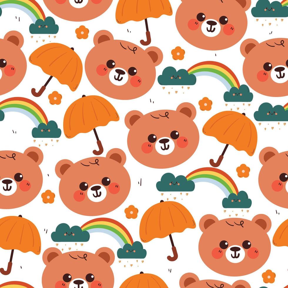 Cute bear pattern with umbrellas and rainbows vector