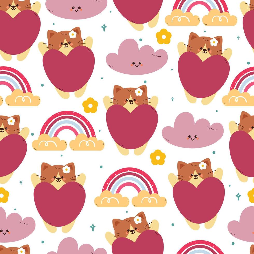 cute hand drawing cartoon cat with purple balloon and sky element seamless pattern. cute animal pattern in white background for gift wrap paper and wallpaper vector