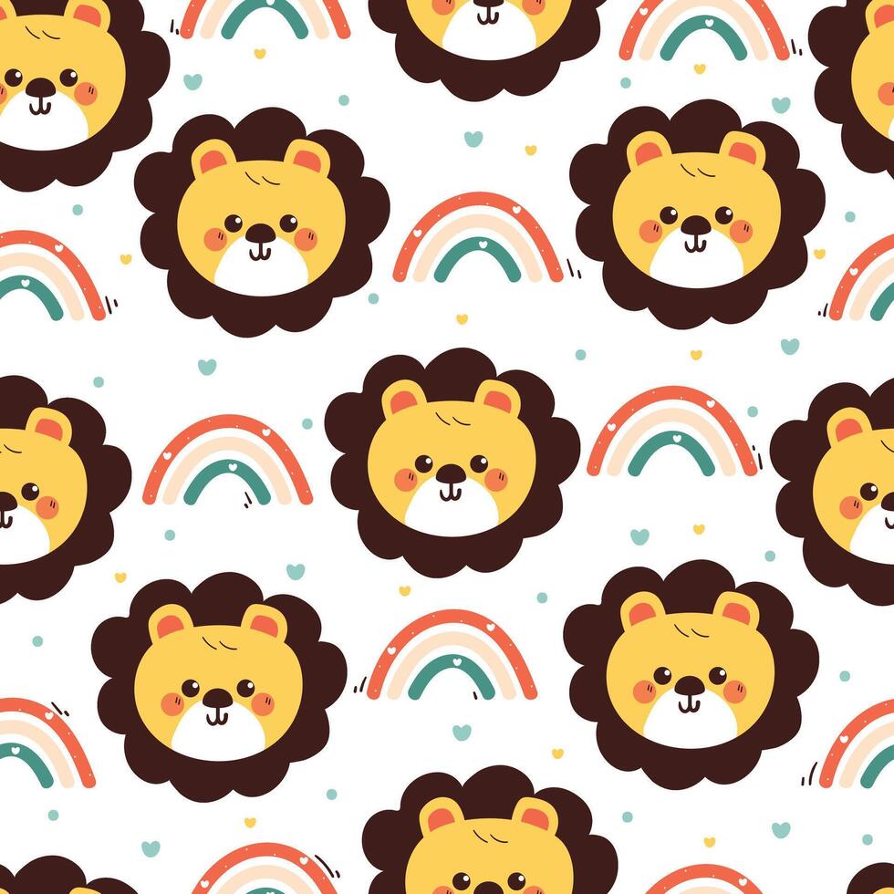 cute hand drawing cartoon lion with rainbow seamless pattern. cute animal pattern in white background for gift wrap paper and wallpaper vector