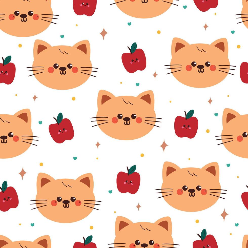 cute hand drawing cartoon cat with red apple character seamless pattern. cute animal pattern in white background for gift wrap paper and wallpaper vector