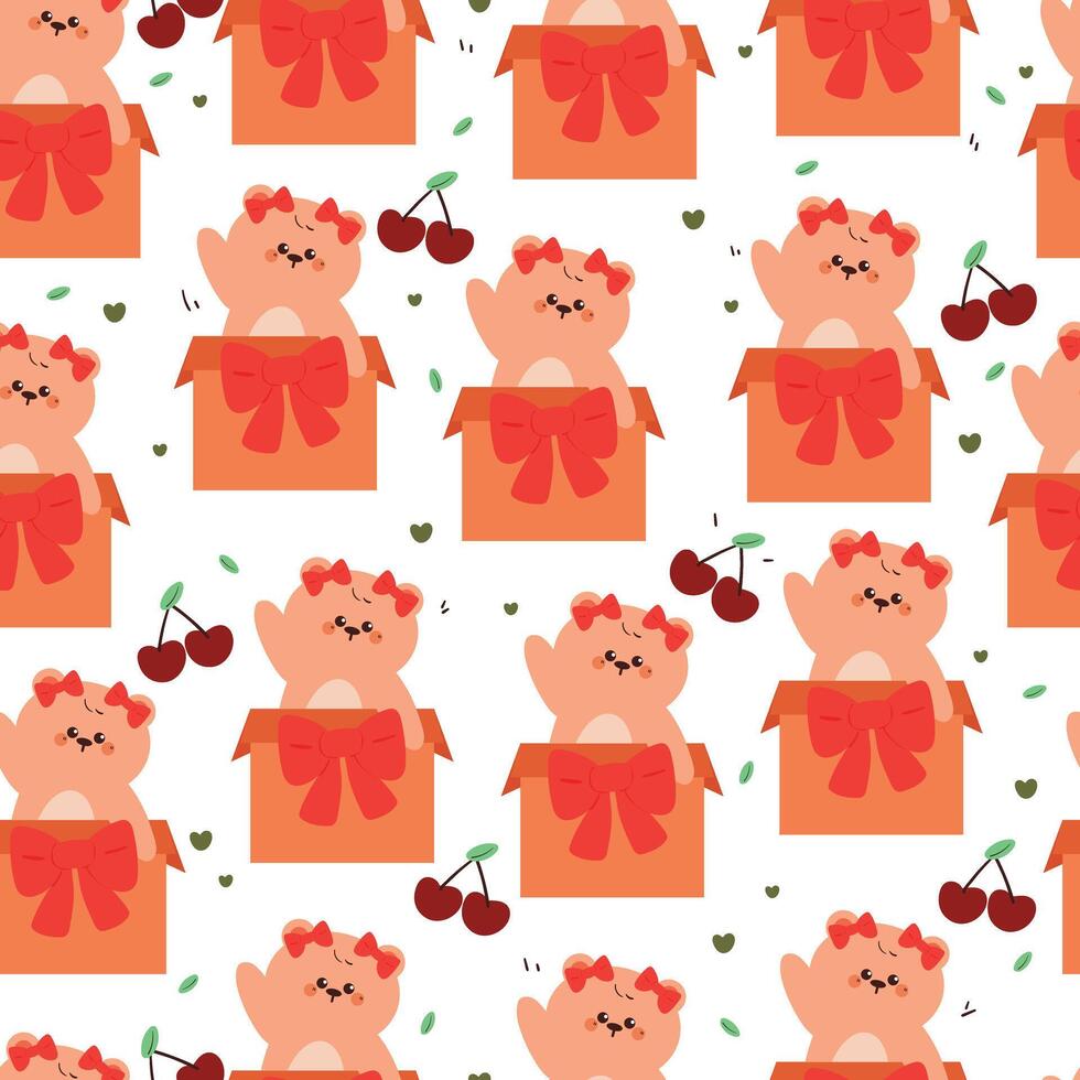 cute hand drawing cartoon bear inside gift box with cherry and hearts seamless pattern. cute animal pattern in white background for gift wrap paper and wallpaper vector