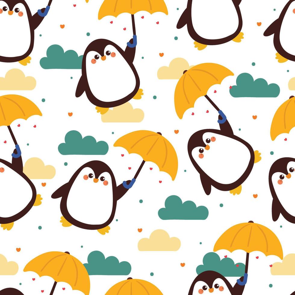 cute hand drawing cartoon penguin with yellow umbrella and blue clouds seamless pattern. cute animal pattern in white background for gift wrap paper and wallpaper vector
