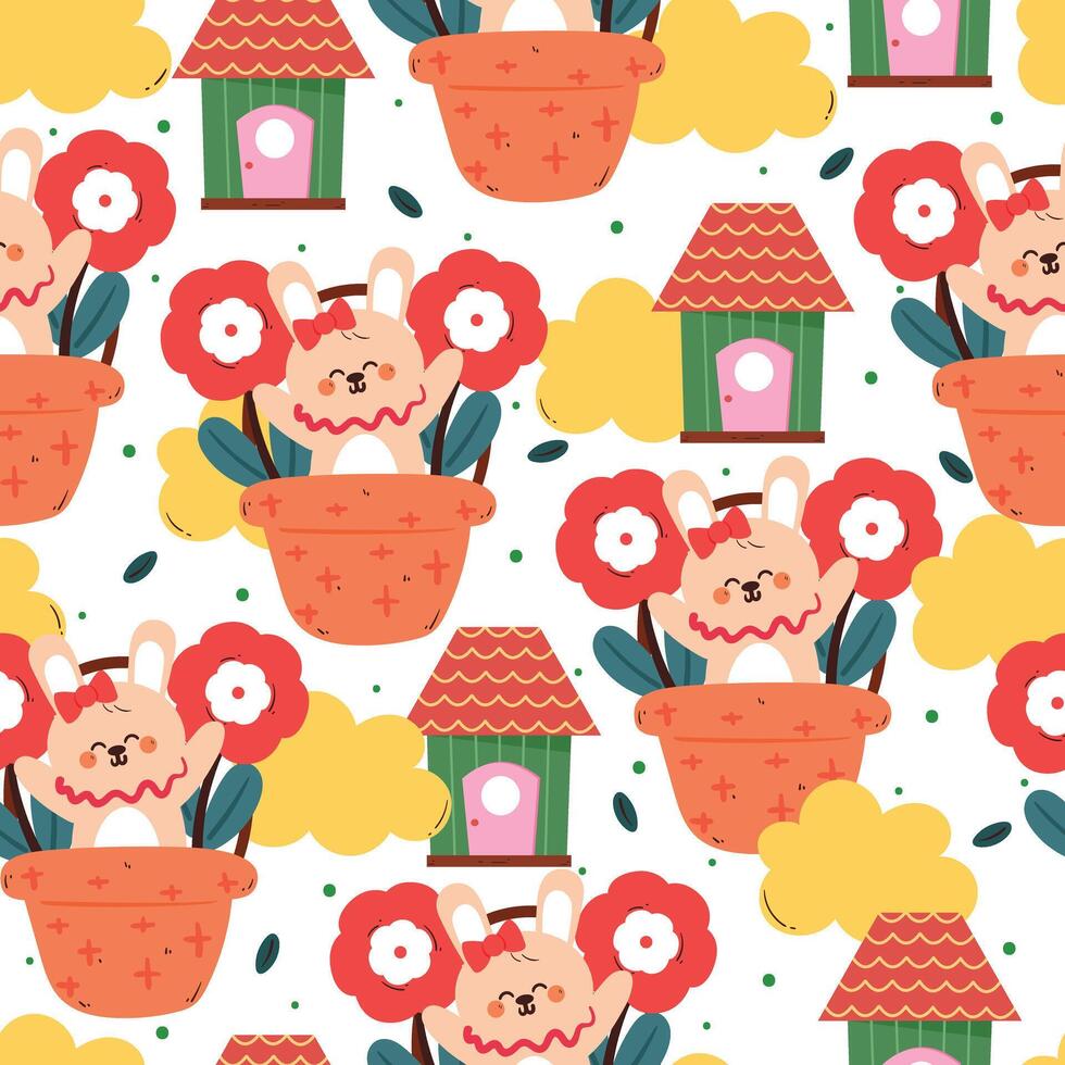 cute hand drawing cartoon bunny inside a flower basket with house and plant seamless pattern. cute animal pattern in white background for gift wrap paper and wallpaper vector