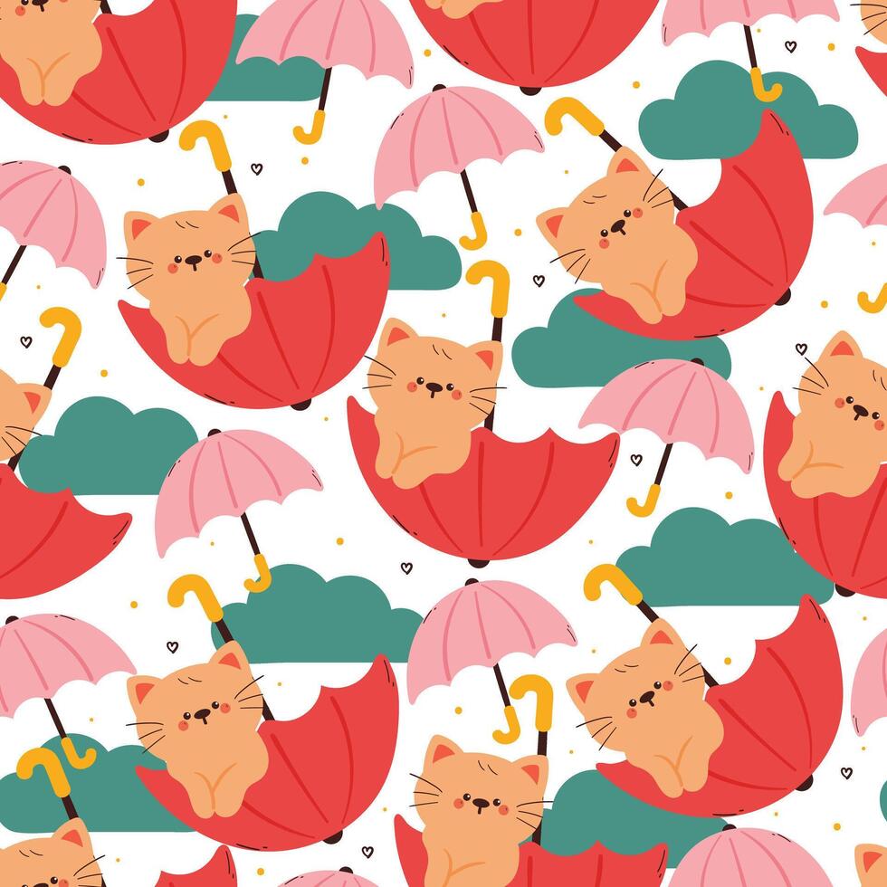 cute hand drawing cartoon cats behind umbrella with sky element seamless pattern. cute animal pattern in white background for gift wrap paper and wallpaper vector