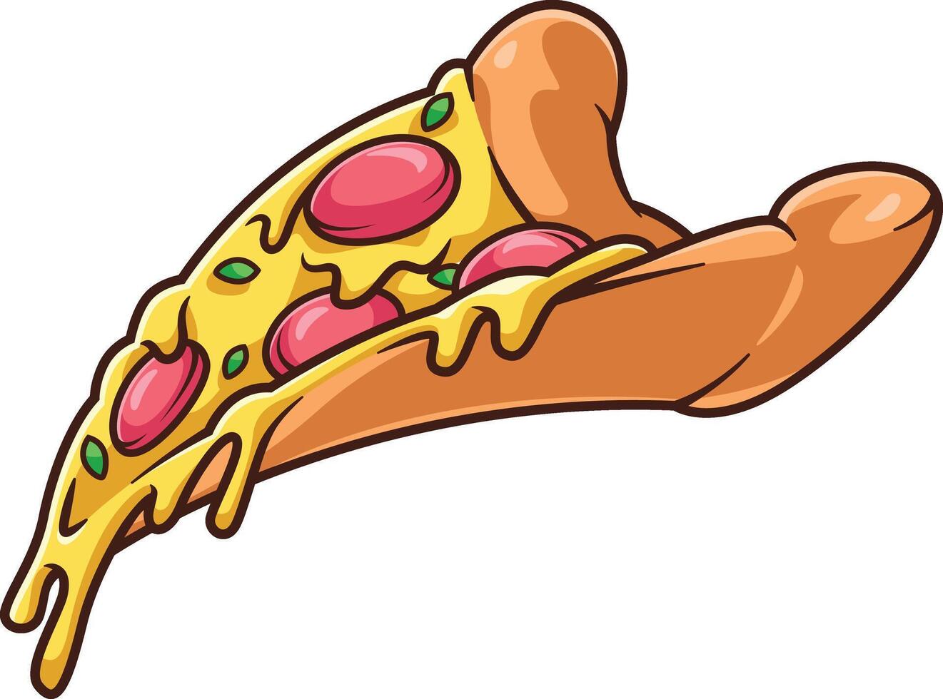 cartoon pizza bent with melted cheese vector