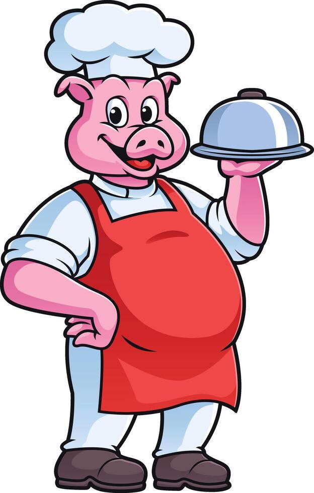 friendly pig cartoon character wearing a chef's uniform and carrying food in his hands vector