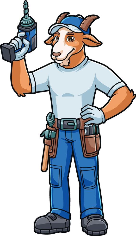 friendly goat cartoon character with handyman clothes and equipment vector