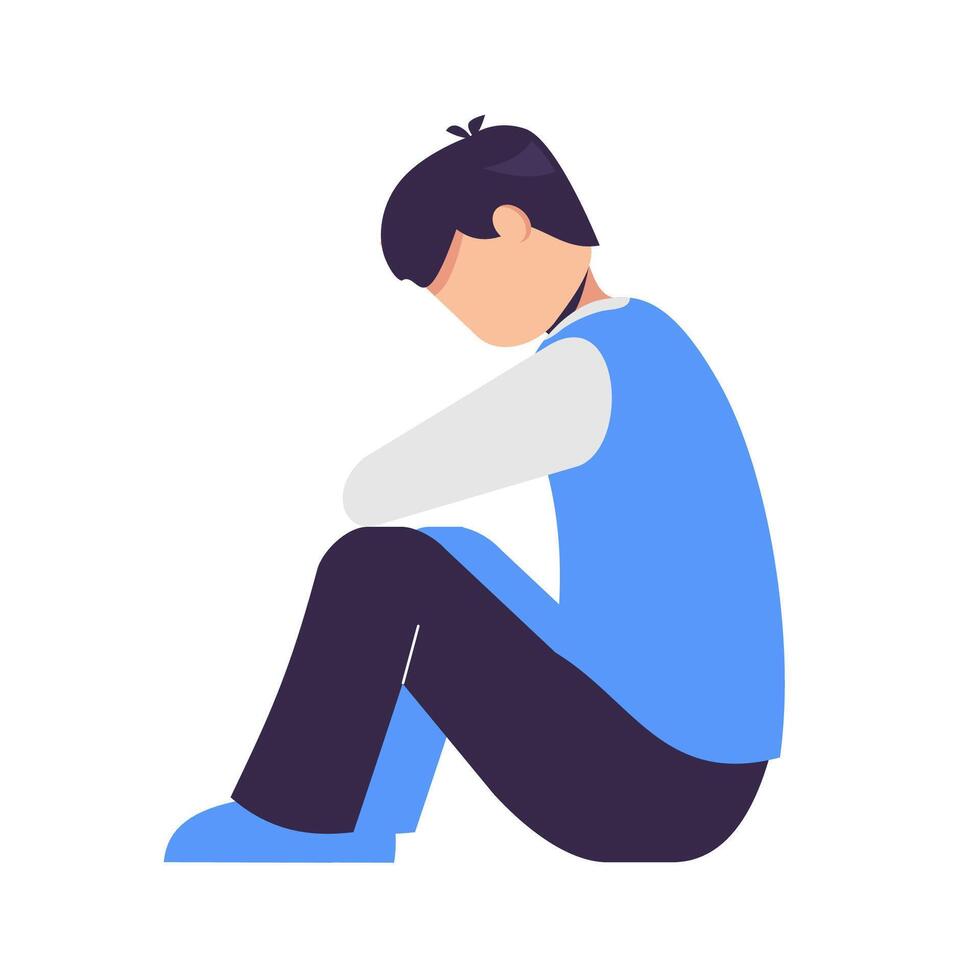 Depression man sit on the floor and hugging her knees. Young man confused. Anxiety disorder. illustration. vector