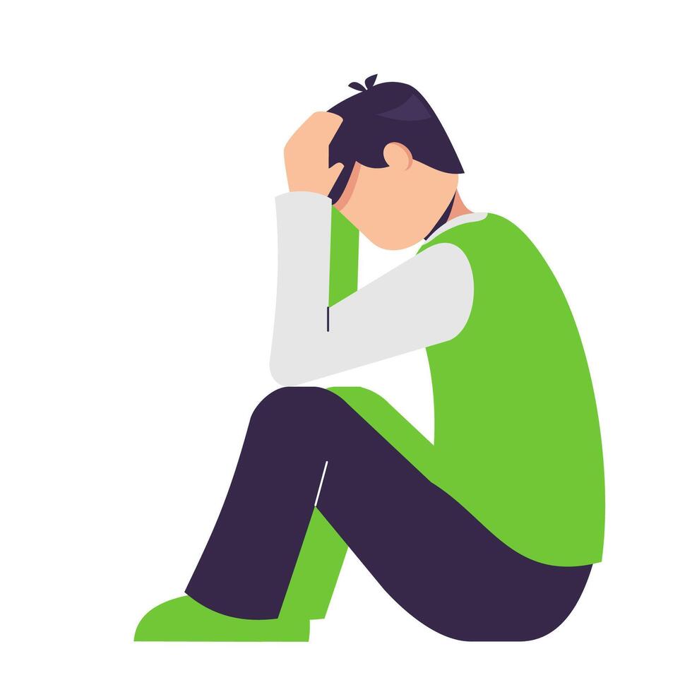 anxious man holding head looks anxious and scared. side view, mental pressure concept vector