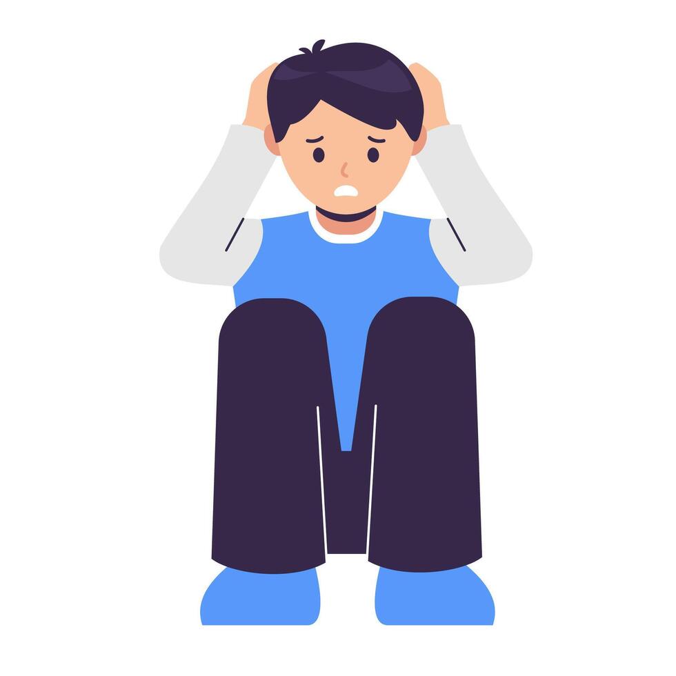 Depression man sit on the floor and holding head looks anxious and scared. mental pressure concept vector
