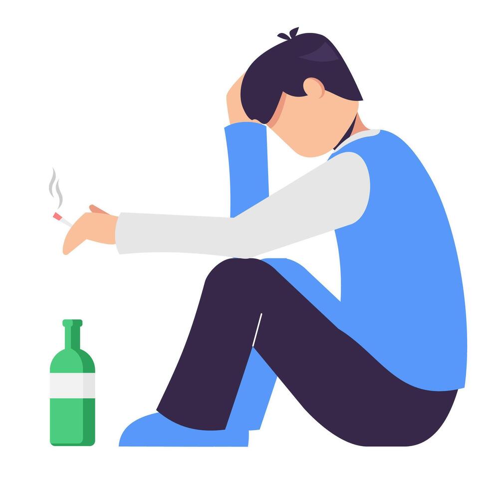 Depressed man sitting on the floor and hugging her knees. Young man smoking and drinking. Anxiety disorder. illustration. vector