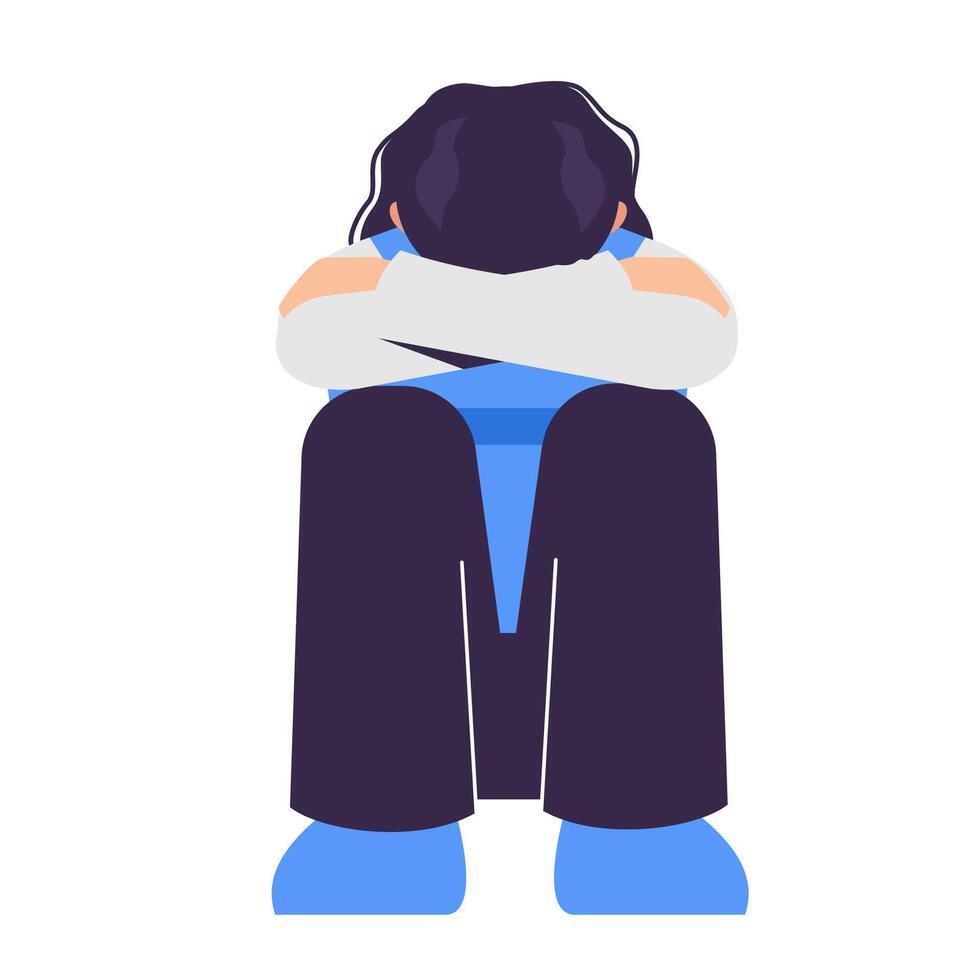 sad and insecure woman flat design illustration. sit on the floor and hugging her knees. front view, mental pressure concept vector