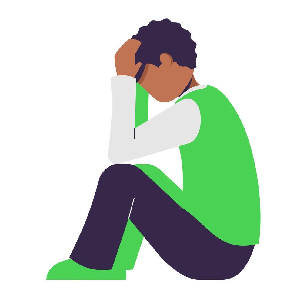 anxious african man holding head looks anxious and scared. side view, mental pressure concept vector