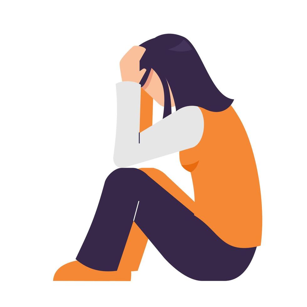 anxious woman holding head looks anxious and scared. side view, mental pressure concept vector