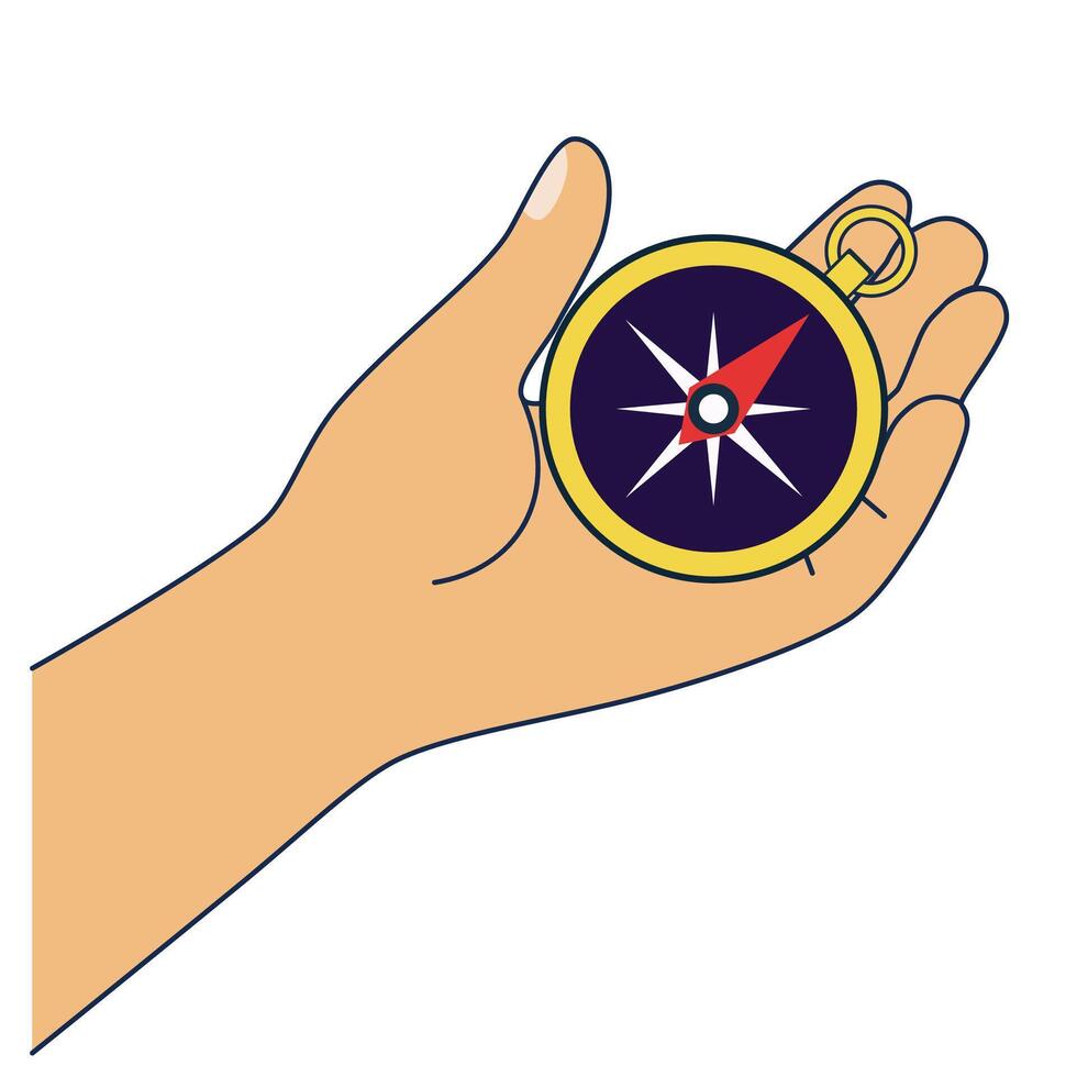 A hand holding a compass vector