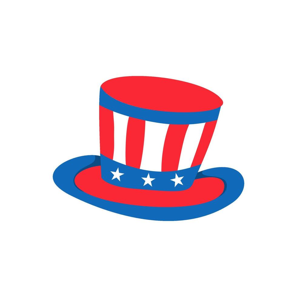 Patriotic Top Hat with Red Stripes, Blue Brim, and Three White Stars vector