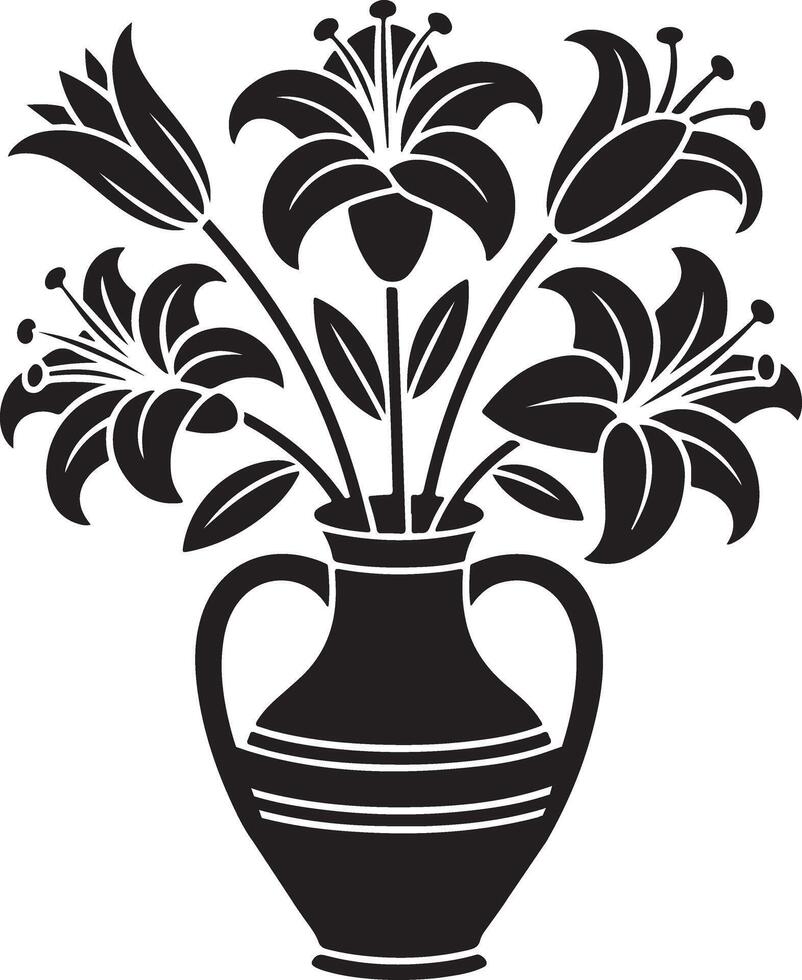 Elegant Black and White Lilies in an Antique Amphora Vase, Classic Still Life, Graceful Floral Arrangement vector