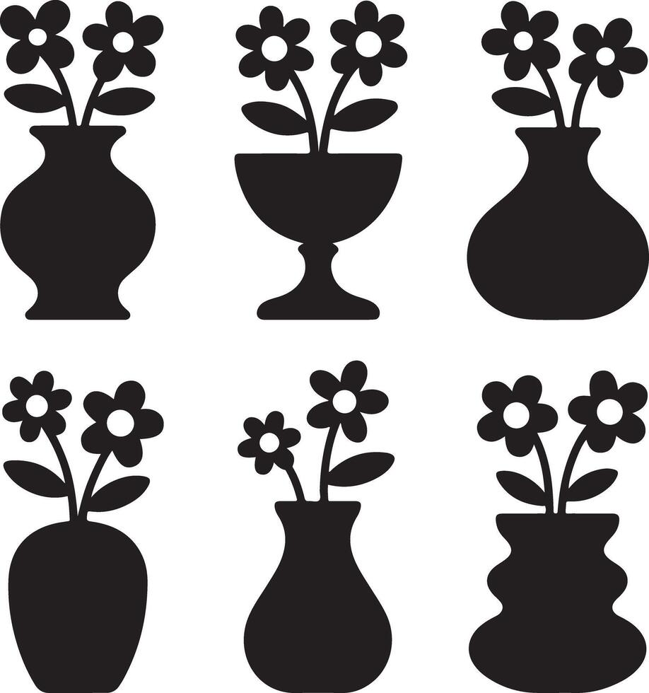 Six Stylish Black Silhouettes of Flower Vases with Blooming Flowers, Set Against a White Background, Elegant and Simple Home Decor Design vector