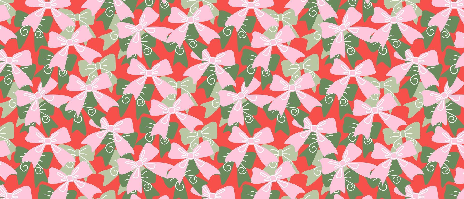 Pattern with festive green and pink bows. Endless background for gift wrapping, decoration and celebration. vector
