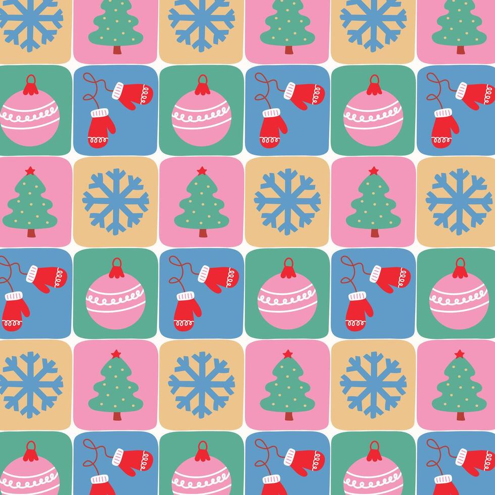Christmas and New Year pattern of festive squares with tree, snowflake, mitten, and ornament for holiday season. vector