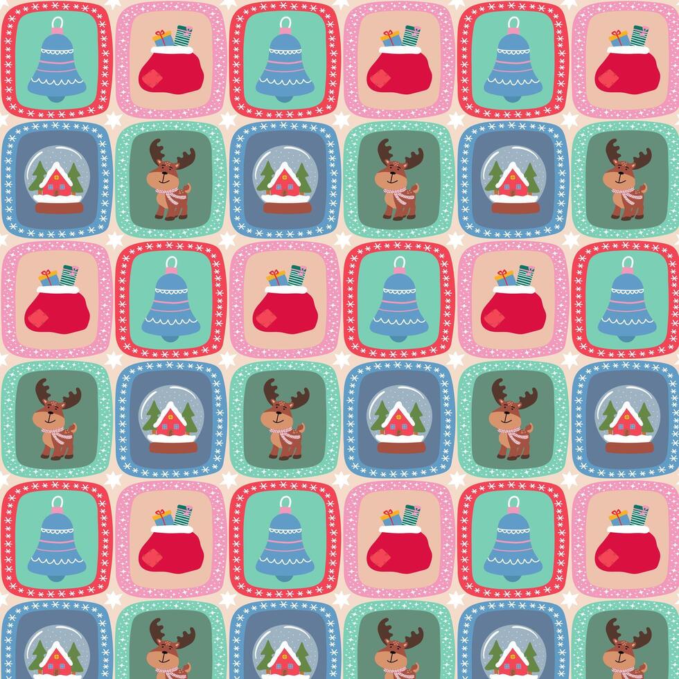 Christmas retro background in patchwork style with deer, bell, snow globe and Santa's sack icons. vector
