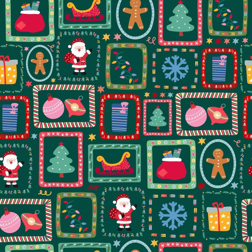 Festive holiday pattern with Santa and decorations vector