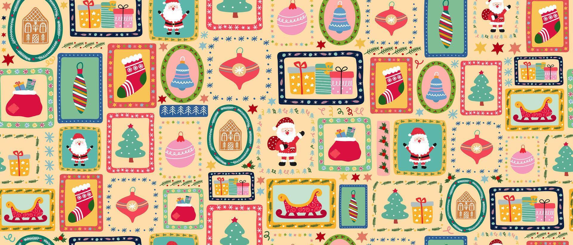 Christmas seamless retro pattern with Santa Claus, gift box, gingerbread house, stocking, bells and sleigh. Winter holiday season theme. vector