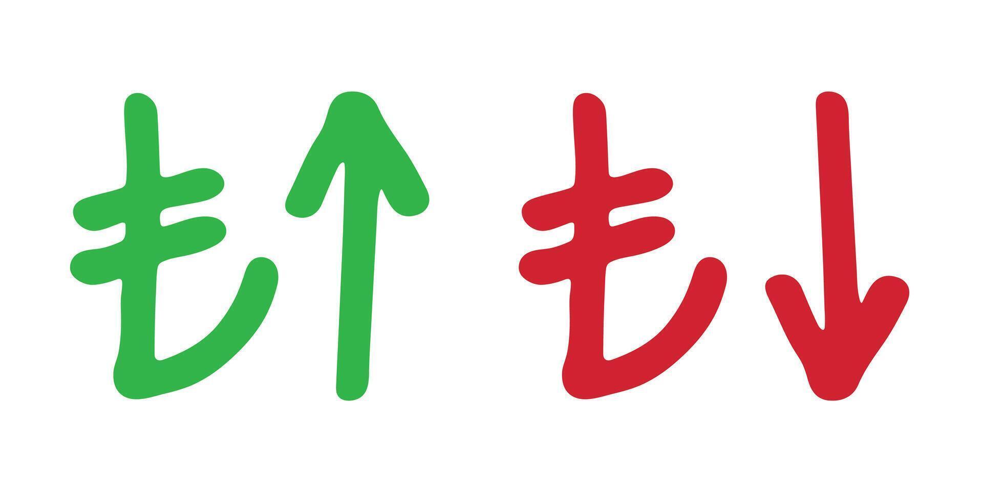 Hand drawn turkish lira currency symbol Growth and fall profit with arrow up and down Brush stroke doodle Red and green Element for design vector