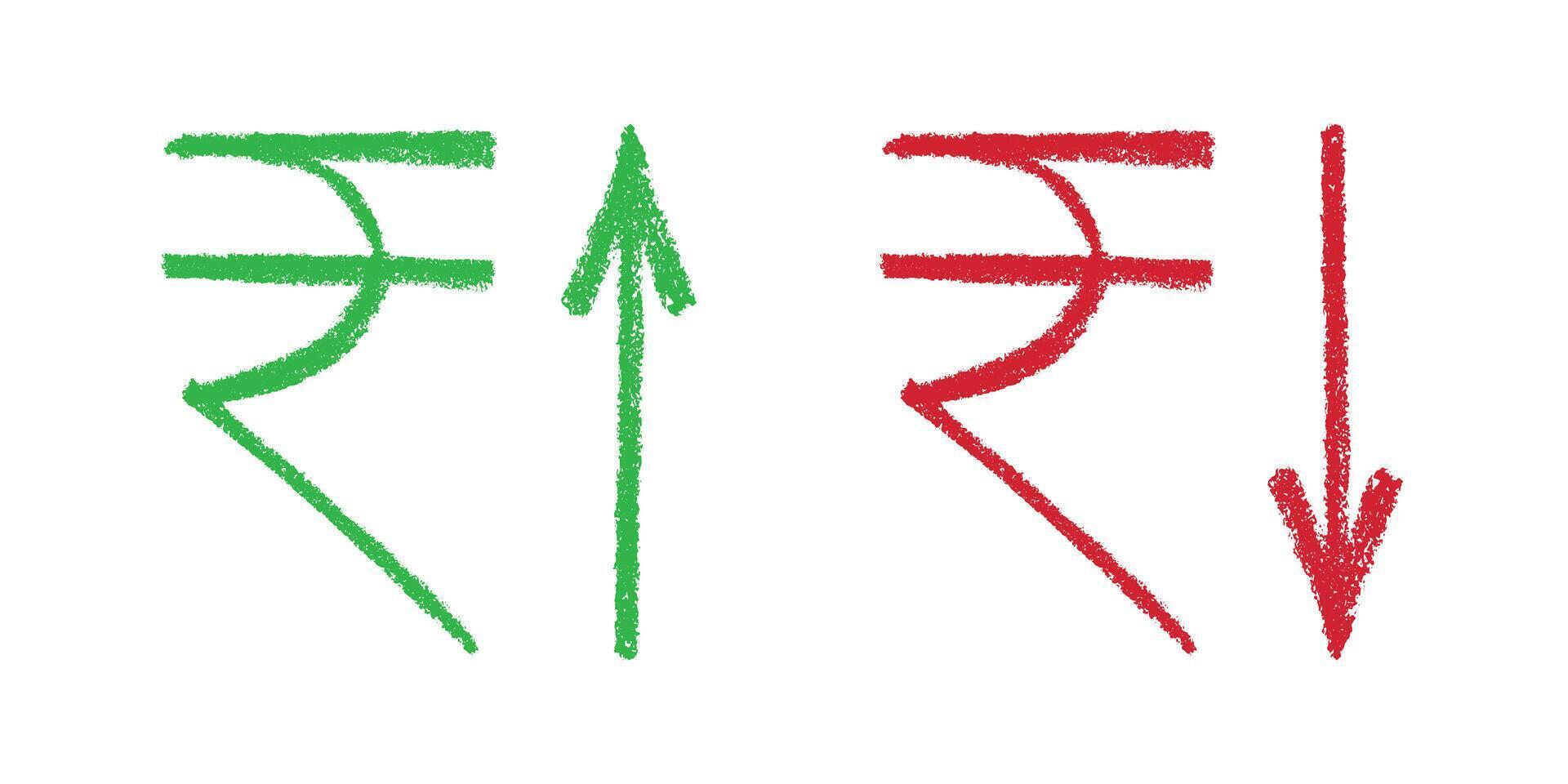 Hand drawn rupee currency symbol Growth and fall profit with arrow up and down Brush stroke doodle Element for design Green and red vector