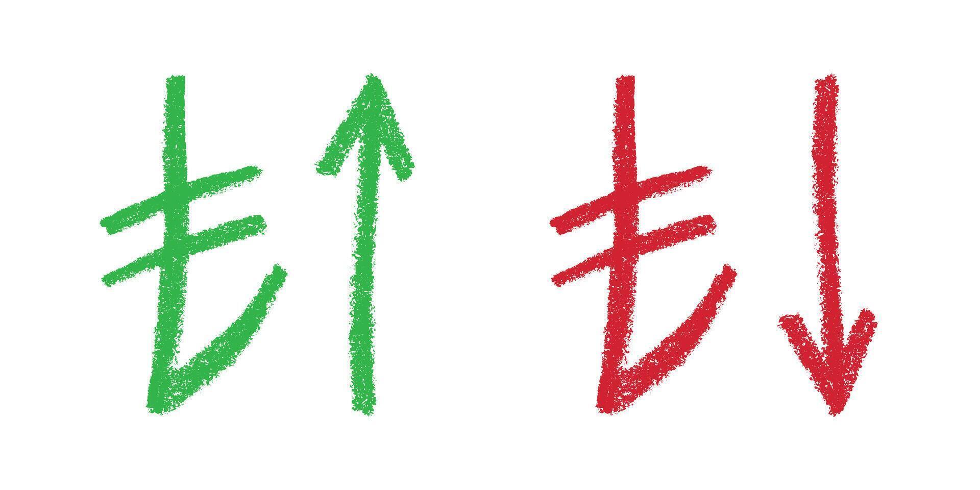 Hand drawn turkish lira currency symbol Green and red Growth and fall profit with arrow up and down Brush stroke doodle Element for design vector