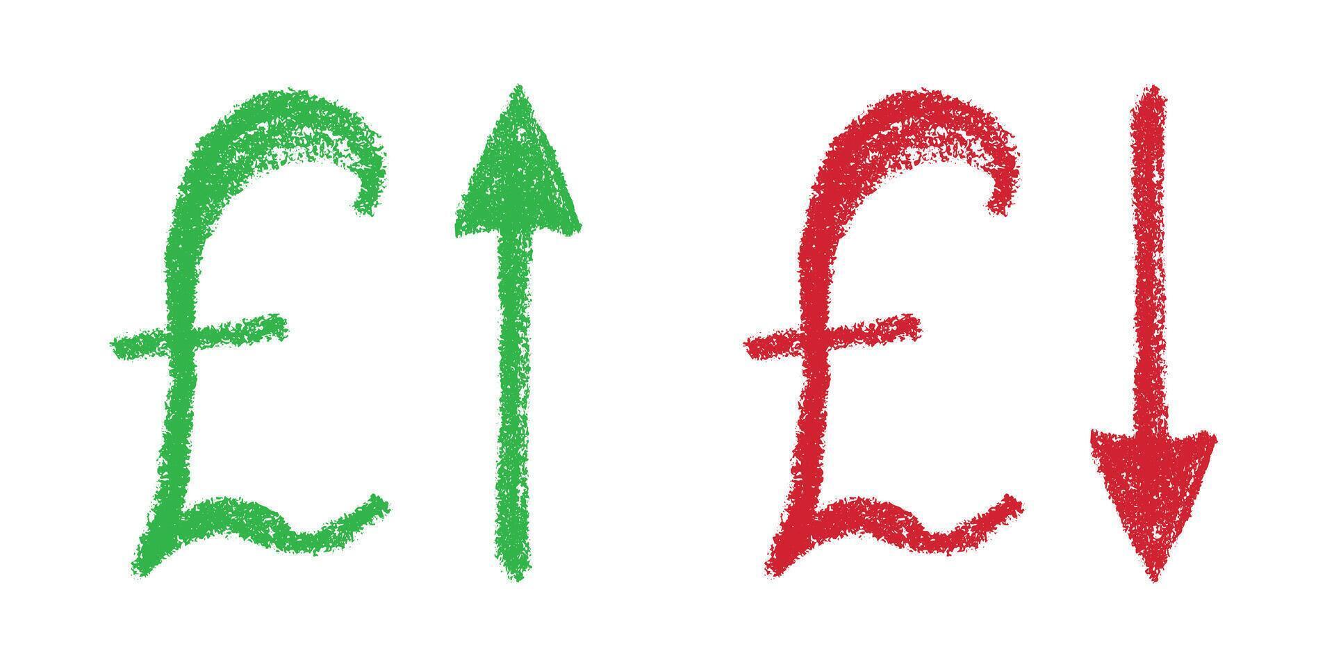 Green and red Hand drawn british pound currency symbol Growth and fall profit with arrow up and down Brush stroke doodle Element for design vector