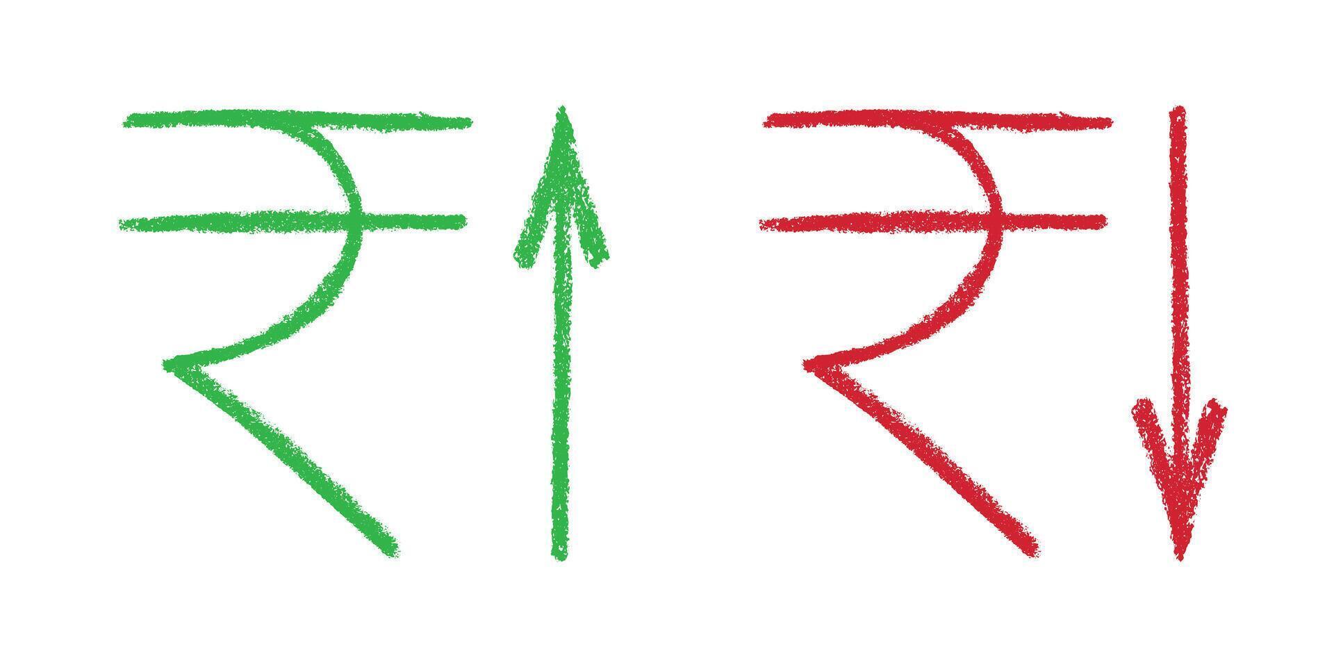 Hand drawn rupee currency symbol Growth and fall profit with arrow up and down Brush stroke doodle Green and red Element for design vector