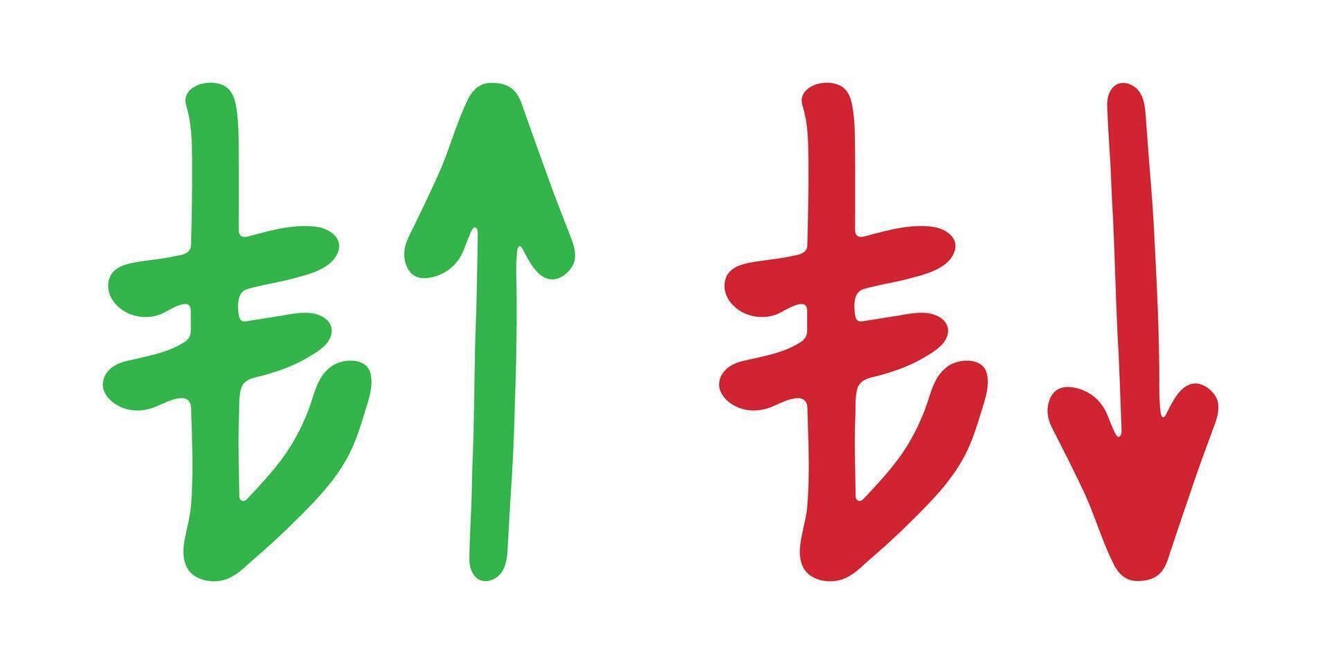 Hand drawn turkish lira currency symbol Red and green Growth and fall profit with arrow up and down Brush stroke doodle Element for design vector