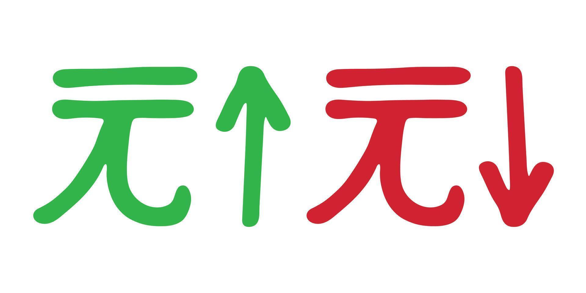 Hand drawn chinese yuan currency symbol Growth and fall profit with arrow up and down Brush stroke doodle Red and green Element for design vector