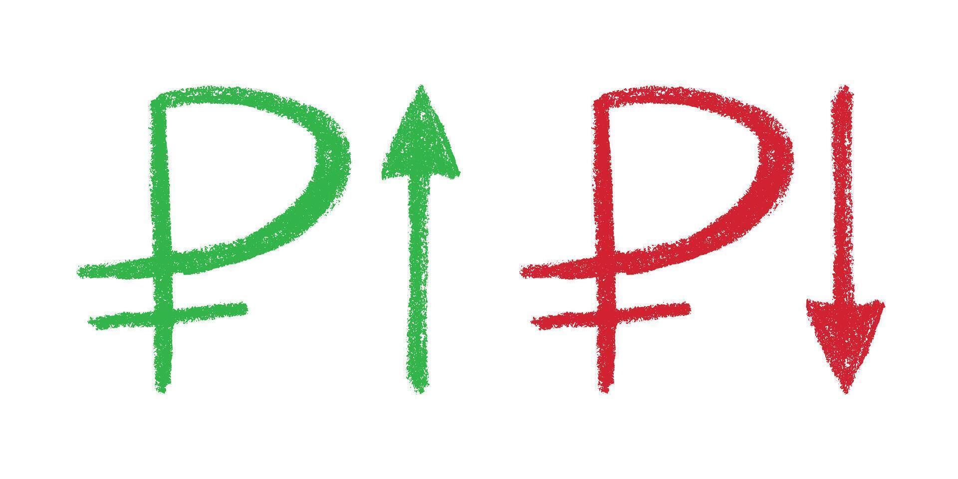 Hand drawn russian ruble currency symbol Green and red Growth and fall profit with arrow up and down Brush stroke doodle Element for design vector