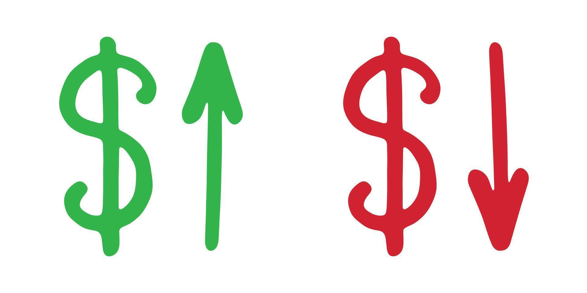 Red and green Hand drawn dollar currency symbol Growth and fall profit with arrow up and down Brush stroke doodle Element for design vector