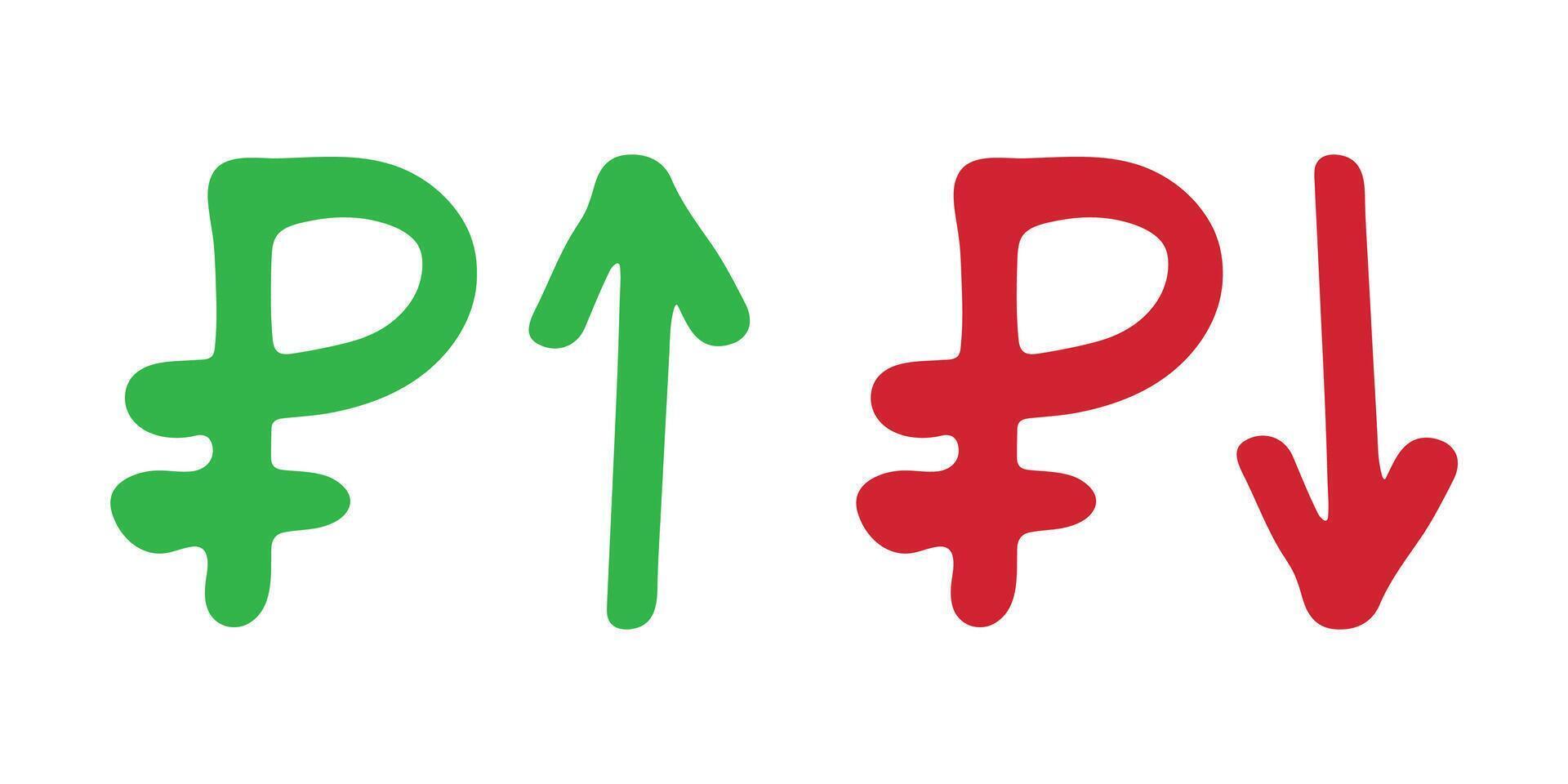 Red and green Hand drawn russian ruble currency symbol Growth and fall profit with arrow up and down Brush stroke doodle Element for design vector