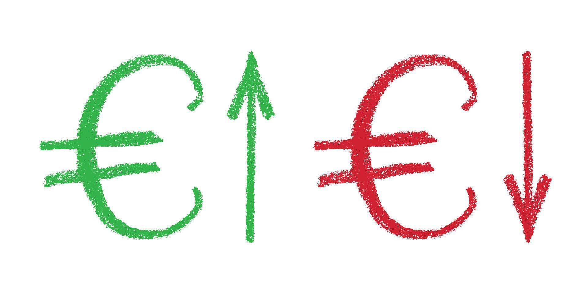 Hand drawn euro currency symbol Growth and fall profit with arrow up and down Brush stroke doodle Element for design Green and red vector