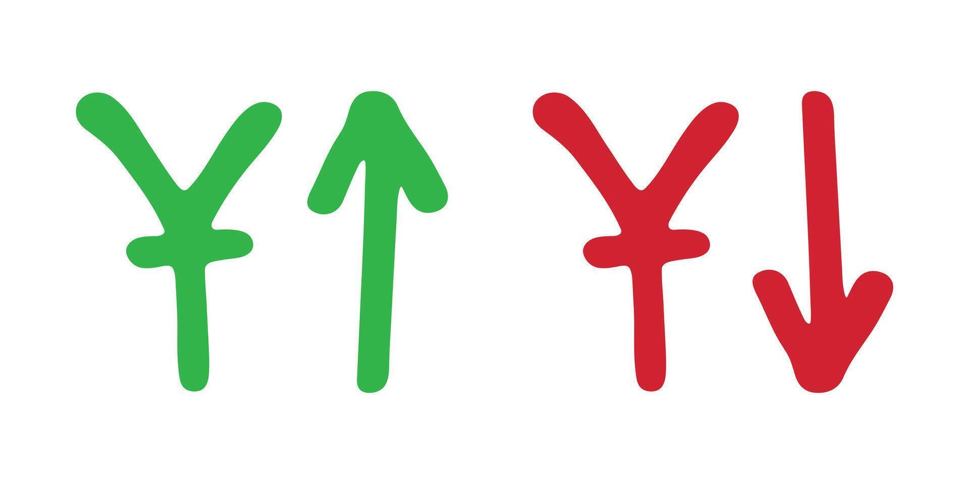 Element for design Red and green Hand drawn chinese yuan currency symbol Growth and fall profit with arrow up and down Brush stroke doodle vector