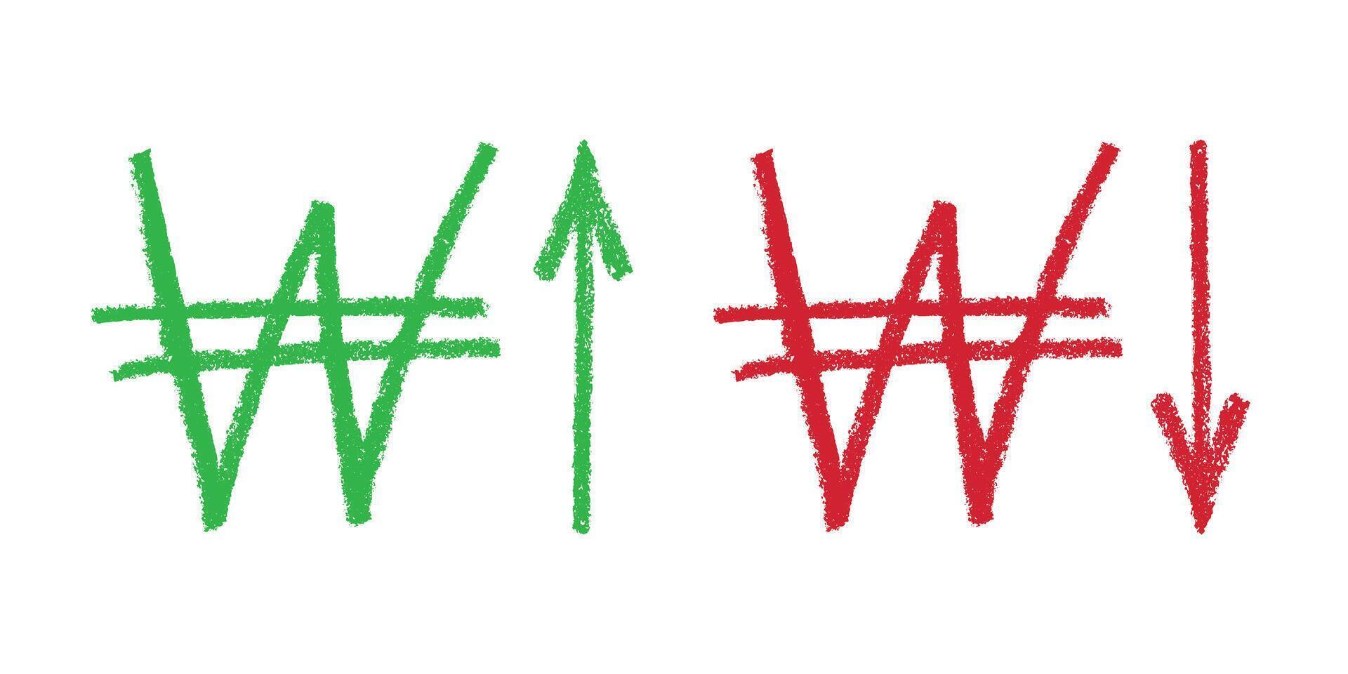 Hand drawn won currency symbol Green and red Growth and fall profit with arrow up and down Brush stroke doodle Element for design vector