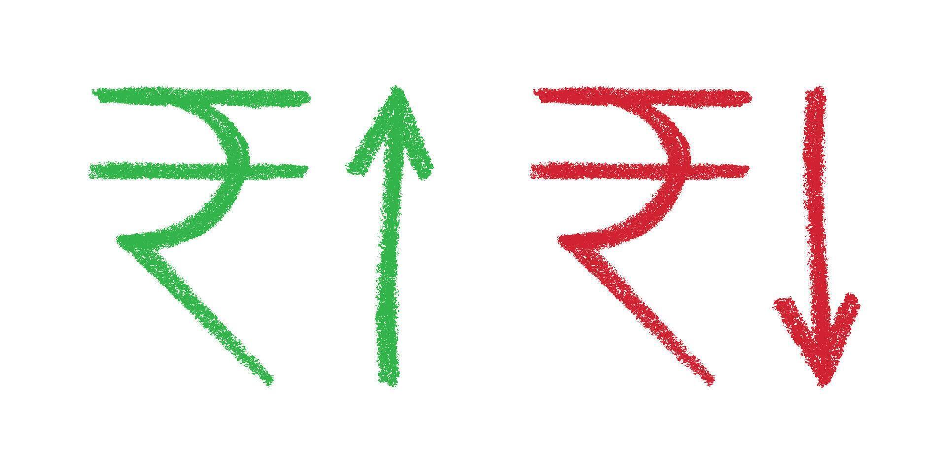 Hand drawn rupee currency symbol Green and red Growth and fall profit with arrow up and down Brush stroke doodle Element for design vector